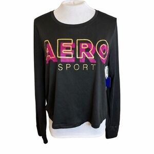 NWT Aeropostale Sport Womens Mesh Back Graphic Top Black Pink Gold Large